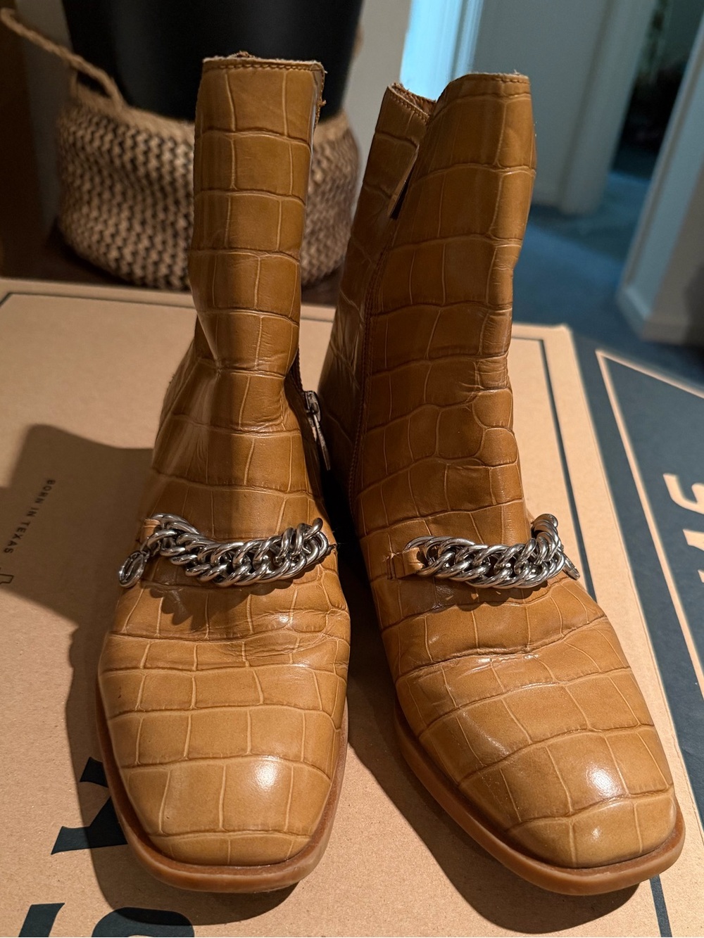 Franco Sarto Tan Croc-Embossed Leather Ankle Boots with Silver Chain